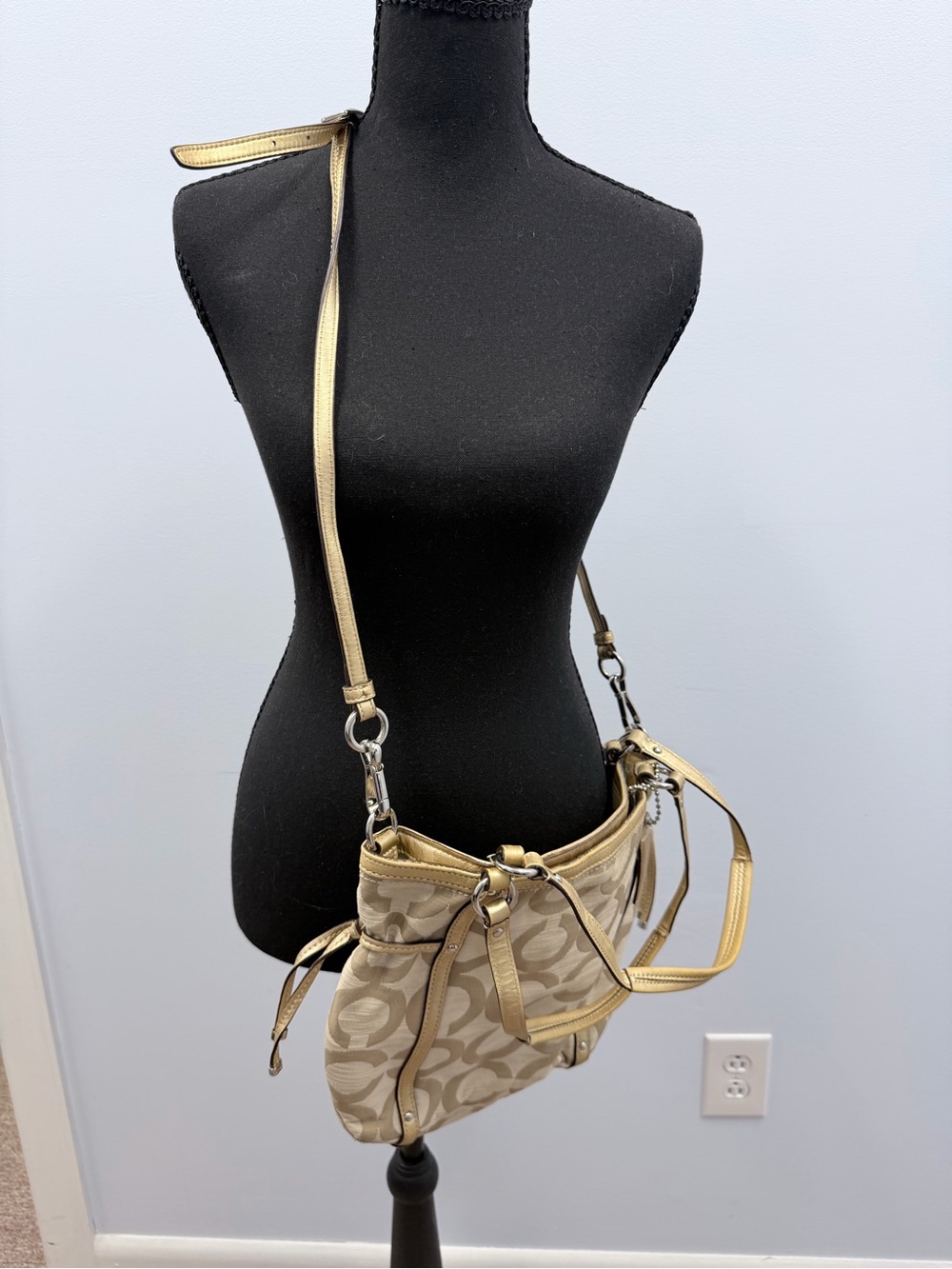 Coach Beige Signature Shoulder Bag with Metallic Gold Trim